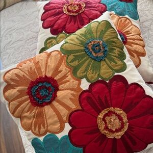 2 pillows Pier 1 Floral Embroidered Decorative Red, Orange, Green, used